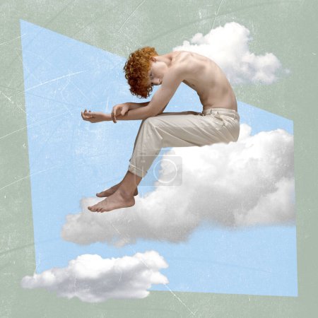Photo for Contemporary art collage. Creative design. Young boy sitting on cloud and thinking. Hidden thoughts and personality. Concept of inner world, dreams, feelings, surrealism, think. Abstract art - Royalty Free Image