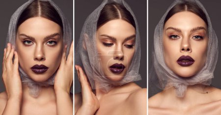 Photo for Elegance. Collage of close-up portraits of glamorous female fashion model with artistic makeup expressing emotions over grey background. Style, beauty, high fashion, magazine style and ad - Royalty Free Image