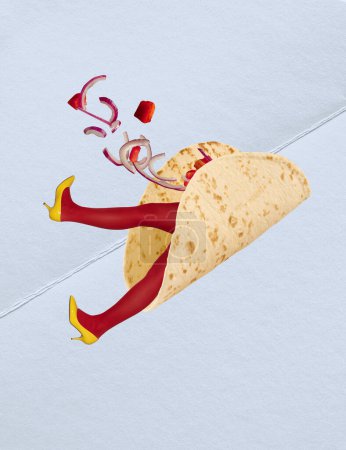 Photo for Contemporary art collage. Female legs in red tights and yellow heels sticking out delicious vegetable taco. Street food lover. Concept of art, creativity, food, design, surrealism. Copy space for ad - Royalty Free Image