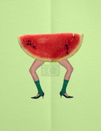 Photo for Contemporary art collage. Female legs on heels with sweet watermelon body over green background. Summer taste. Concept of art, creativity, food, design, surrealism. Copy space for ad - Royalty Free Image