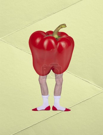 Photo for Contemporary art collage. Male leg with red pepper body over yellow background. Vegetable diet. Vegetarians. Concept of art, creativity, food, design, surrealism. Copy space for ad - Royalty Free Image