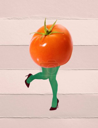 Photo for Contemporary art collage. Legs in green tights with tomato body. Dancing. Vegetarian. Healthy eating. Concept of art, creativity, food, design, surrealism. Copy space for ad - Royalty Free Image