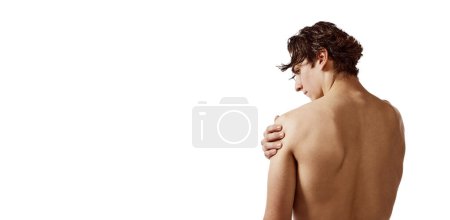 Photo for Back view portrait of young shirtless man with muscular body isolated over white background. Healthy, sportive body. Concept of male beauty, skincare, cosmetology, body care. Copy space for ad. Flyer - Royalty Free Image