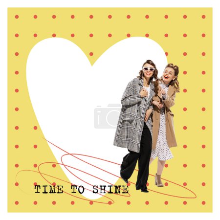 Photo for Contemporary art collage. Two beautiful young women in stylish coats, clothes walking. Party time. Happy emotions. Concept of love, relationship, Valentines day, romance, emotions. Poster, ad - Royalty Free Image