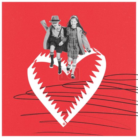 Photo for Contemporary art collage. Beautiful children, little boy and girl in stylish autumn clothes holding hands and running. Valentines Day fun. Concept of love, relationship, romance, emotions. Poster, ad - Royalty Free Image