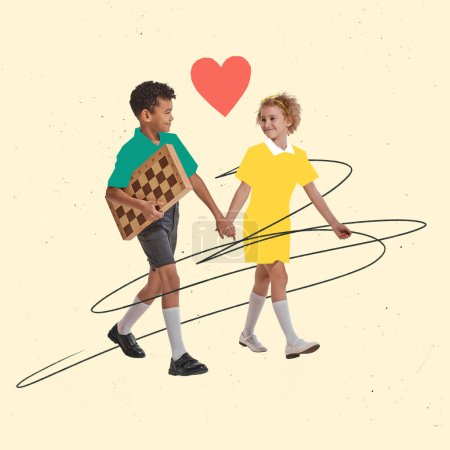 Téléchargez les photos : Collage d'art contemporain. Des enfants joyeux. garçon et fille tenant la main et marchant pour jouer aux échecs. L'amitié. Concept d'amour, d'enfantillage, de Saint Valentin, de romance, d'émotions. Affiche, annonce - en image libre de droit