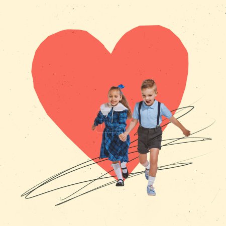 Photo for Contemporary art collage. Beautiful children, little boy and girl in stylish clothes holding hands and running. Friendship. Concept of love, chidhood, Valentines day, romance, emotions. Poster, ad - Royalty Free Image