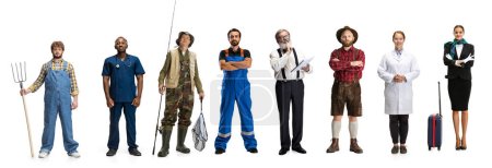 Photo for Set of different people of different professions standing in a line over white background. Chef, fisherman, doctor, farmer, gardener, teacher, professor, blacksmith, stewardess. Concept of occupation - Royalty Free Image
