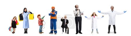 Photo for Set of different people of different professions standing in a line on white background. Shopaholic, builder, businessman, professor, teacher, doctor, scientist. Adults and kids. Concept of occupation - Royalty Free Image