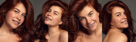 Photo for Collage. Young beautiful red-haired woman with naked shoulders isolated on dark grey background. Wavy shiny hair. Natural beauty. Concept of beauty, cosmetology, hair treatment, cosmetics, care. Ad - Royalty Free Image