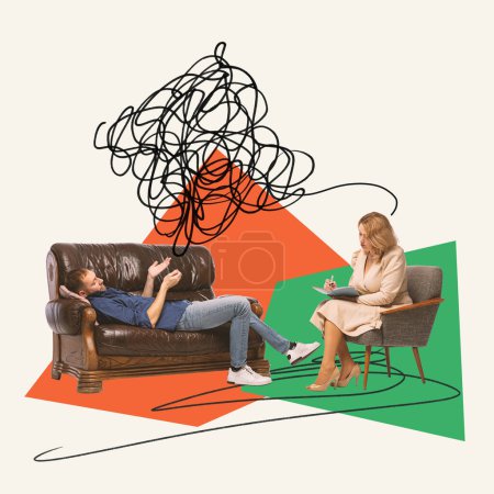 Photo for Contemporary art collage. Complicated thoughts. Man lying on couch and talking to woman, psychologist. Therapy. Concept of psychology, therapy, mental health care, assistance, emotions and feelings - Royalty Free Image