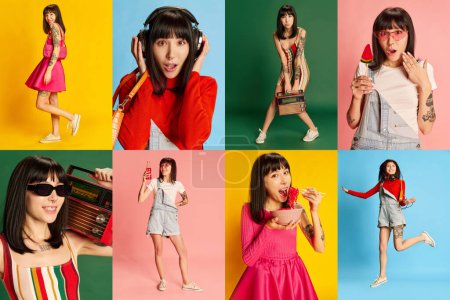 Photo for Collage. Young stylish girl in different clothes posing with different emotions isolated over multicolored background. Concept of youth, beauty, fashion, lifestyle, emotions, facial expression. - Royalty Free Image