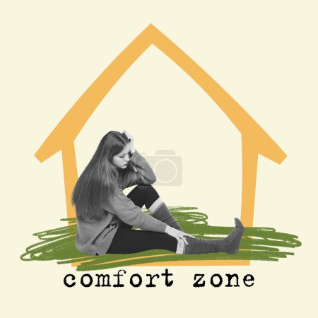 Photo for Contemporary art collage. Conceptual design. Young girl sitting on floor in despair and depression. Not going out home, fears. Concept of psychology, inner world, mental health, comfort zone - Royalty Free Image
