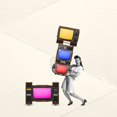 Photo for Contemporary art collage. Stylish young woman carrying many retro TV sets over light background. News time. Fashion show. Concept of news, creativity, retro style, social media, information - Royalty Free Image