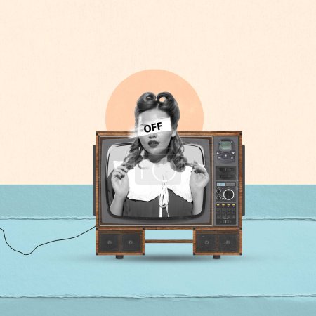 Contemporary art collage. Woman with vintage hairstyle appearing on retro TV set over light background. Turn off propaganda. Concept of news, creativity, retro style, social media, information