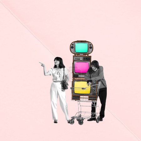 Photo for Contemporary art collage. Young couple, man and woman doing shopping. TV sets. Online shopping. Excited woman and bored man. Concept of news, creativity, retro style, social media, information - Royalty Free Image