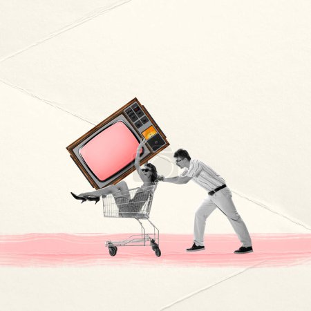 Photo for Contemporary art collage. Young couple going shopping. Man carrying woman on trolley with big retro TV. Sales. Concept of news, creativity, retro style, social media, information - Royalty Free Image
