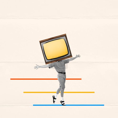 Photo for Contemporary art collage. Man in retro clothes walking with giant retro TV set instead head. Journalism. Concept of news, creativity, retro style, social media, information. Creative design - Royalty Free Image