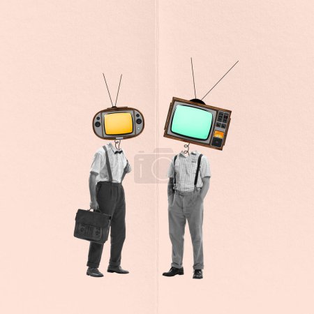 Photo for Contemporary art collage. Business people, employees with retro TV set heads talking, discussing current professional news. Concept of news, creativity, retro style, social media, information - Royalty Free Image