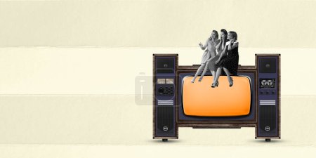 Photo for Contemporary art collage. Stylish young women sitting on vintage TV set and talking. Fashion show. Concept of news, creativity, retro style, social media, information, friendship - Royalty Free Image