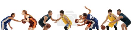 Photo for Collage. Young people, basketball players training, playing isolated over white background. Dribbling exercises. Competition. Concept of sport, movement, energy and dynamic, healthy lifestyle. - Royalty Free Image