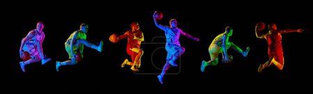 Photo for Collage. Young active man in uniform playing basketball isolated over black background in neon light. Jumping. Champion. Concept of sport, movement, energy and dynamic, healthy lifestyle. - Royalty Free Image