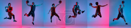 Téléchargez les photos : Collage. Portraits de jeunes garçons, entraînement des joueurs de basket-ball, jeu d'équipe sur fond rose bleu dégradé au néon. Concept de sport, mouvement, énergie et mode de vie dynamique et sain. - en image libre de droit