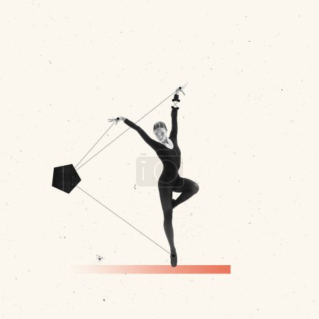 Photo for Contemporary art. Young girl, professional ballet dancer performing over light beige background. Line art, geometric figures design. Concept of classic dance style, art, show, beauty, inspiration - Royalty Free Image