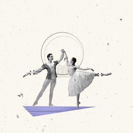 Photo for Contemporary art collage. Classical performance. Man and woman, ballet dancers over light background. Line art, geometric figures design. Concept of classic dance style, art, show, beauty, inspiration - Royalty Free Image
