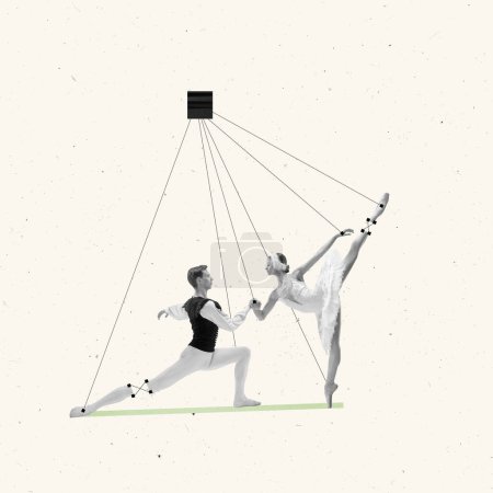 Photo for Contemporary art collage. Man and woman, ballet dancers performing classical dance. Line art, geometric figures design. Concept of classic dance style, art, show, beauty, inspiration - Royalty Free Image