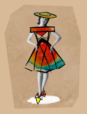Photo for Contemporary art collage. Creative design with drawings. Sketches. Young woman wearing stylish designer dress and flat hat. Tenderness. Concept of design, fashion show, vintage style, beauty. Poster - Royalty Free Image