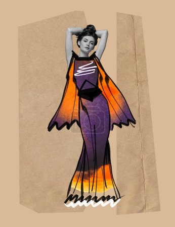 Photo for Contemporary art collage. Creative design with drawings. Sketches. Stylish woman in bright dress. Party, celebration outfit. Night out. Concept of design, fashion show, vintage style, beauty. Poster - Royalty Free Image