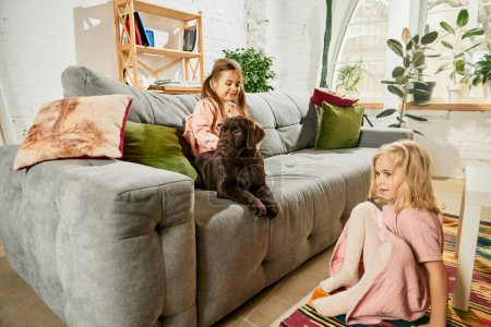Photo for Two lovely little girls, children playing, caring after purebred dog, brown labrador at home. Sisters and cute puppy. Concept of family, childhood, pets, care, friendship, emotions. leisure - Royalty Free Image