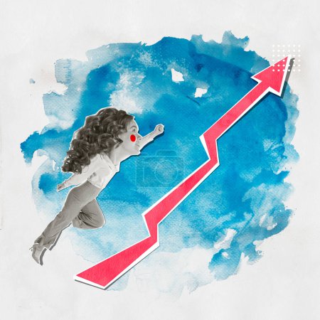 Photo for Contemporary art collage. Motivated young girl, woman flying upwards to reach professional success. Concept of business, career development, success, growth, motivation. Colorful design - Royalty Free Image