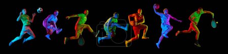 Photo for Collage. Sportive men, tennis, football and basketball athletes training, playing isolated over black background in neon. Championship. Concept of sport, fitness, motion, action , team game. - Royalty Free Image
