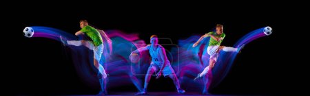 Photo for Collage. Sportive men, football and basketball athletes training, playing isolated over black background in neon with mixed lights. Concept of sport, fitness, motion, action , team game. - Royalty Free Image