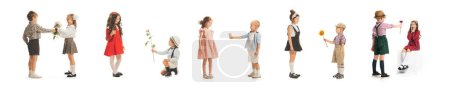 Photo for Collage. Portraits of little boys and girls, charming kids in retro style outfit, isolated on white background. Presenting flowers. Art, childhood, care, fashion, friendship - Royalty Free Image