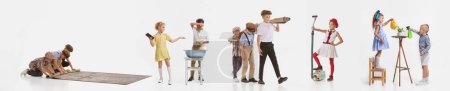 Photo for Collage. Little boys and girls, children, kids cleaning house, helping with domestic duties isolated over white background. Concept of childhood, lifestyle, fun, education, game, friendship - Royalty Free Image