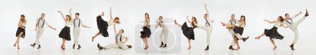 Téléchargez les photos : Collage. Jeunes, hommes et femmes dans des vêtements rétro élégants dansant swing isolé sur fond gris. Fête, passe-temps, Musique, énergie, bonheur, humeur, action, relation - en image libre de droit