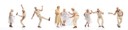 Téléchargez les photos : Collage. Des personnes âgées élégantes, hommes et femmes en vêtements vintage dansant swing isolé sur fond blanc. Loisirs actifs, mode de vie. Concept de culture, amitié, art, musique, style, publicité - en image libre de droit