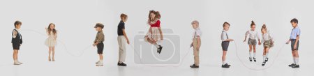 Photo for Collage. Playful little boys and girls, kids, children in stylish retro clothes playing isolated over white background. Leisure time. Concept of childhood, lifestyle, fun, education, game - Royalty Free Image