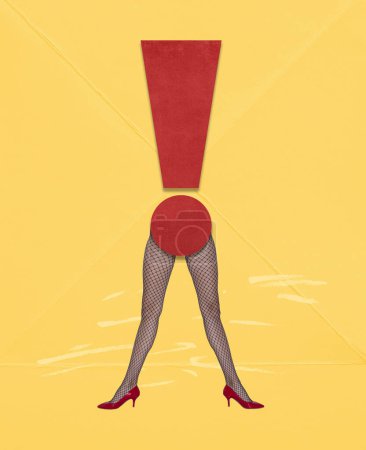 Photo for Contemporary art collage. Creative design. Female legs on heels with exclamation mark body over yellow background. Attention and warning. Inspiration, idea, trendy urban magazine style, surrealism. - Royalty Free Image