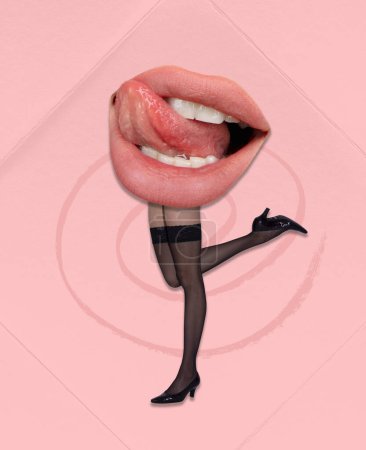 Photo for Contemporary art collage. Creative design. Slim female legs with passionate female mouth, lips over pink background. Party. Inspiration, idea, trendy urban magazine style, surrealism. - Royalty Free Image