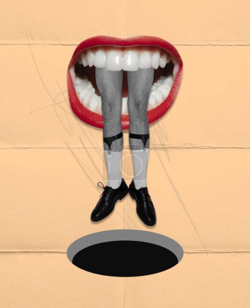 Photo for Contemporary art collage. Creative design. Male legs sticking out female mouth over orange background. Inspiration, idea, trendy urban magazine style, surrealism. - Royalty Free Image