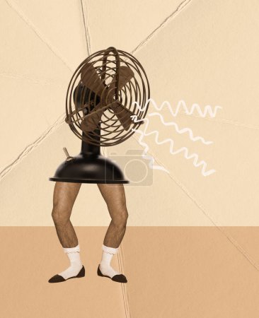 Photo for Contemporary art collage. Creative design. Male legs in female shoes with retro fan instead body on beige background. Hot days. Inspiration, idea, trendy urban magazine style, surrealism. - Royalty Free Image