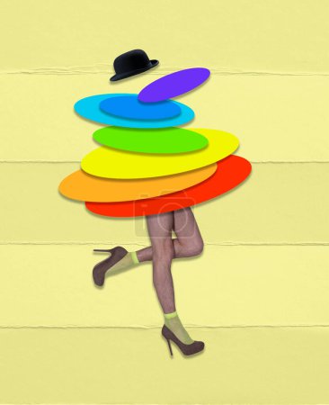 Photo for Contemporary art collage. Creative design. LGBT festival. Male legs on heels over yellow background. Equality. Inspiration, idea, trendy magazine style, surrealism. - Royalty Free Image
