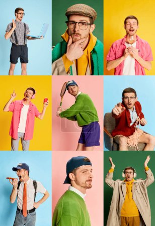 Photo for Collage. Portraits of young man in different clothes posing over multicolored background. Concept of youth, lifestyle, occupation, casual fashion, emotions, facial expression. Ad - Royalty Free Image