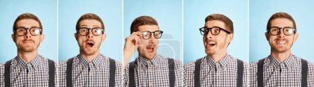 Téléchargez les photos : Collage. Portraits de jeune homme en chemise à carreaux et lunettes posant avec différentes émotions sur fond bleu. Concept d'émotions, d'affaires, d'éducation, d'occupation, d'expression faciale - en image libre de droit