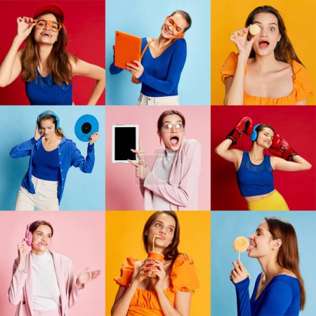 Photo for Collage. Beautiful, cheerful young girl in different clothes posing over multicolored background. Concept of youth, beauty, fashion, lifestyle, emotions, facial expression. Ad - Royalty Free Image