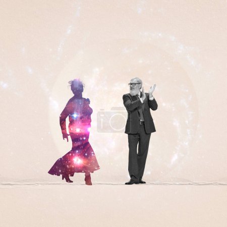 Téléchargez les photos : Collage d'art contemporain. Homme âgé dansant le tango avec une silhouette féminine. Conception spatiale. Inspiration et rêves. Concept de créativité, surréalisme, imagination, relation, inspiration, style rétro - en image libre de droit